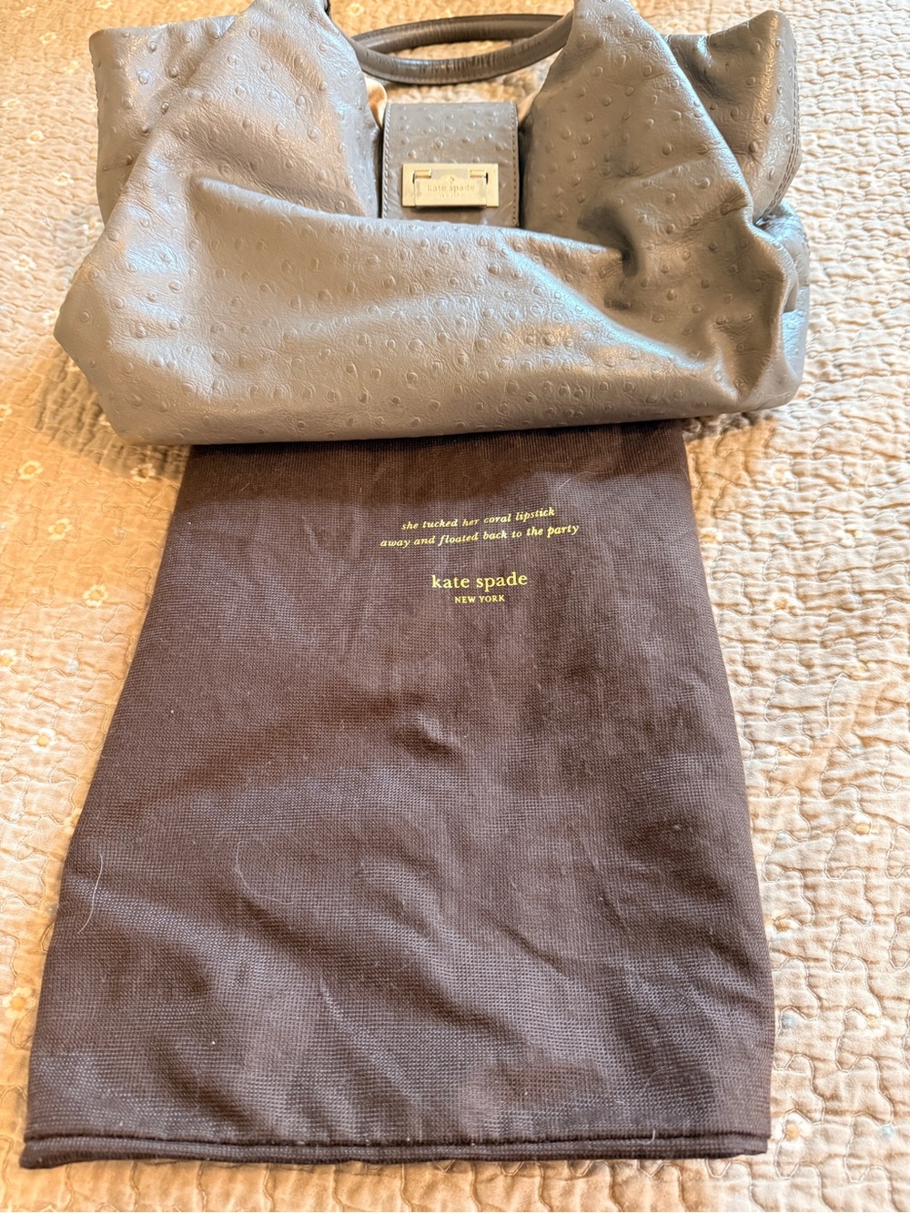 Kate Spade Gray Ostrich-Embossed Leather Shoulder Bag - Picture 5 of 15